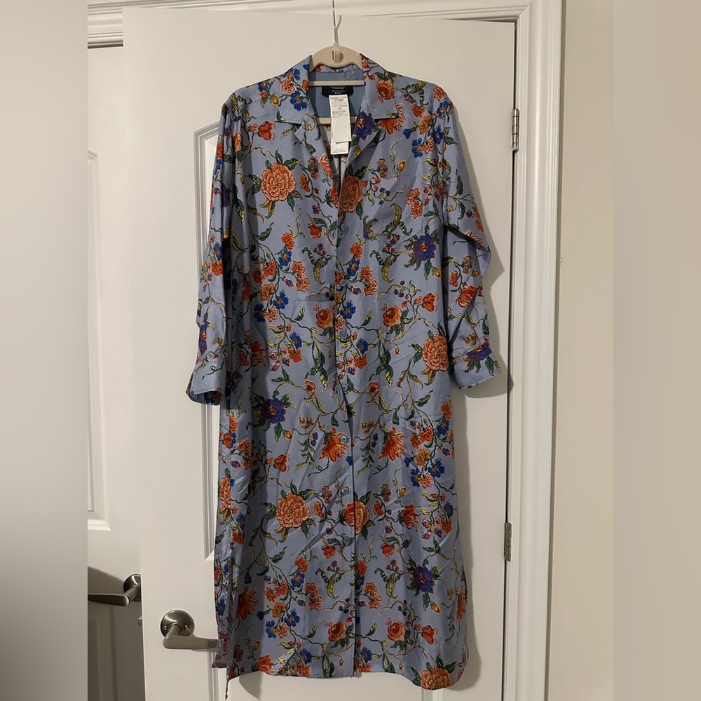 Max Mara Light Blue Floral Silk Midi Shirt Dress – Long Sleeve, Romantic Print, - Picture 3 of 8